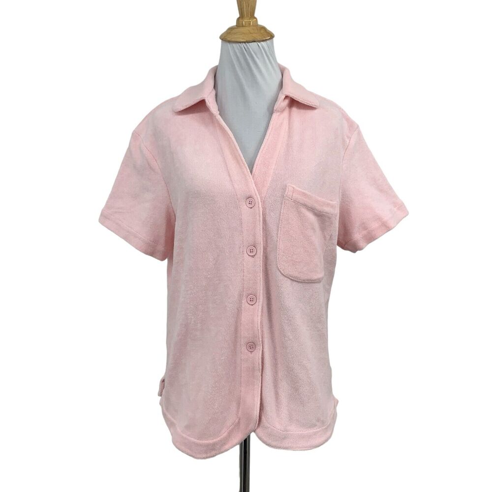 Frankies Bikinis Top Womens M Medium Pink Coco Terry Cloth Button Front Cover Up